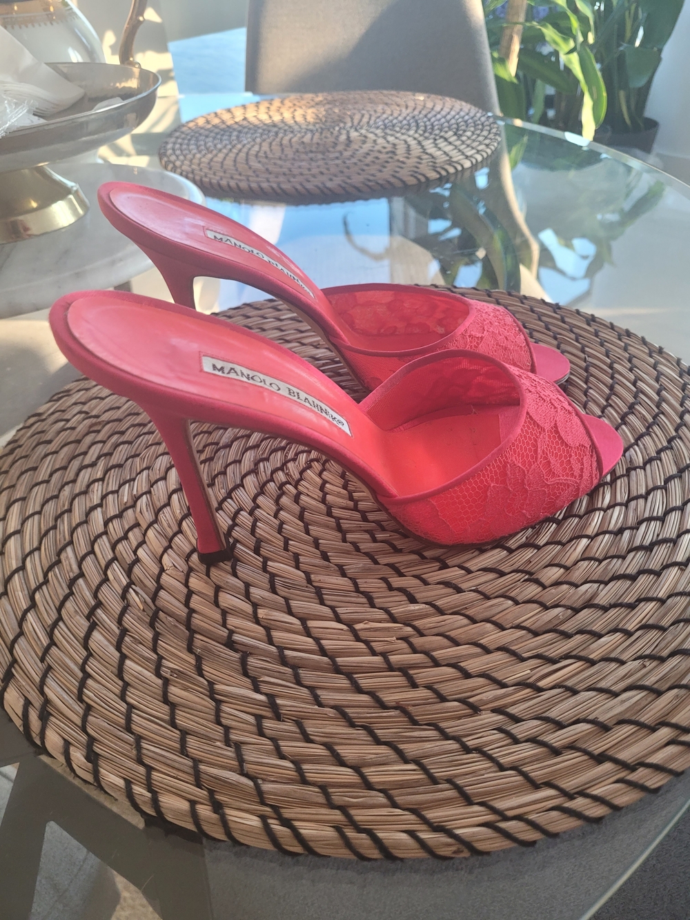 Manolo Blahnik Vintage Red Lace Open-Toe Stiletto Mule